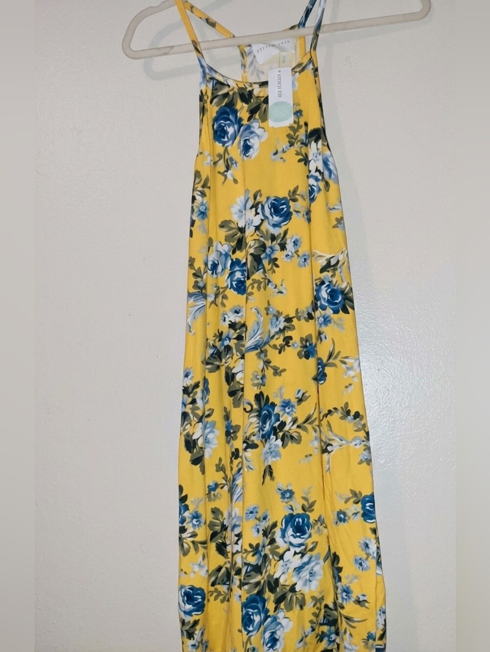 NWT French Grey Brushed Knit Yellow Maxi Dress with Blue Floral Print S - Picture 7 of 7